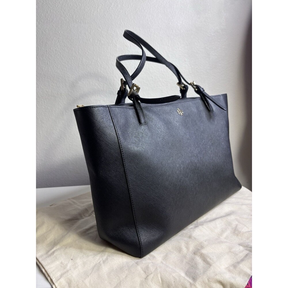Authentic Tory Burch Navy Gold Saffiano Leather Tote Shoulder Bag 19” X 10.5” - Picture 3 of 9